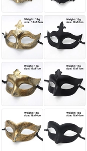 Detail view of vintage masquerade half masks in bronze and black showing weight and size