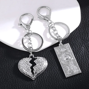 Rhinestone Dollar Bill Heart Keychain Pendant Zinc Alloy Sparkling Bag Charm Fashion Hip Hop Accessory