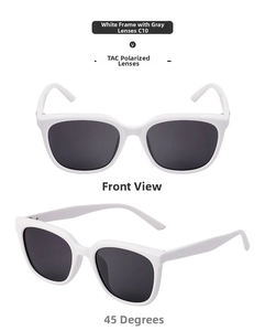 Detailed view of white frame cat-eye sunglasses with TAC polarized grey lenses