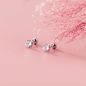 S925 sterling silver stud earrings with round cubic zirconia and screw ball back closure