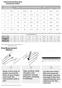 Detailed international ring size chart with measurement guide and diameter conversion table