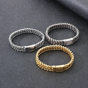 Dettaglio di bracciali intrecciati in acciaio inox in finiture oro, argento e grigio