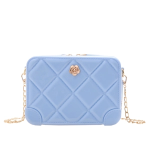 Blue PVC jelly shoulder bag with diamond lattice pattern and gold flower accent