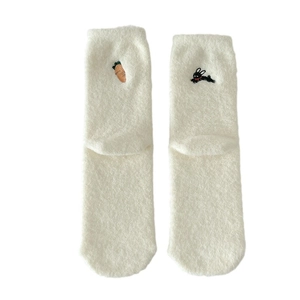 Winter thermal fleece socks with embroidered rabbit and carrot designs in soft white