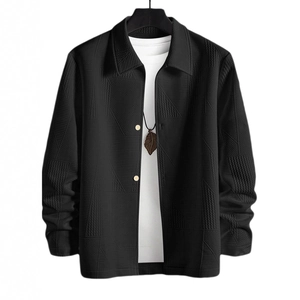 Men's casual black jacket featuring geometric jacquard texture and lapel collar design