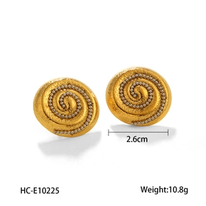 Detailed macro view of 18K gold-plated spiral texture earrings with size specifications