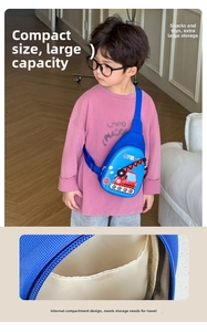 Detail of blue car chest bag showing interior storage compartment and adjustable strap