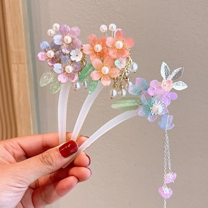 3-piece Chinese vintage floral hair sticks set with tassel and pearls in soft gradient colors