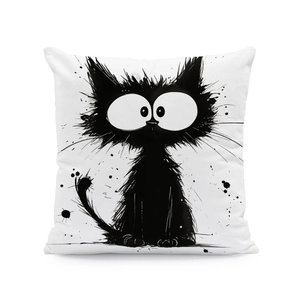 Close-up of ink splash cat pattern on a white linen decorative throw pillow cover