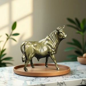 Artistic bronze bull figurine on wooden base for desktop vintage home decor ornament