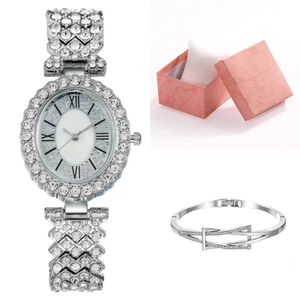 Silver oval rhinestone quartz watch set with geometric diamond bracelet in a pink gift box