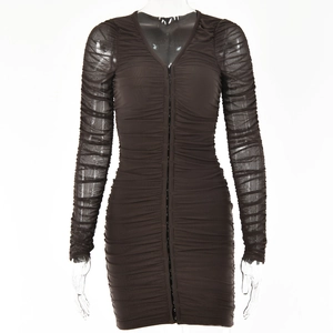 Detail of V-neck mesh dress featuring front zipper closure and ruched fabric texture