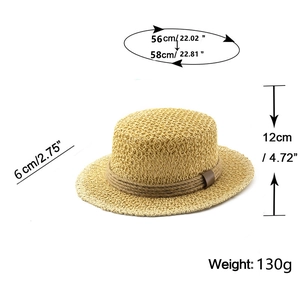 Detail showing dimensions of beige straw boater hat with 6cm brim and woven rope trim