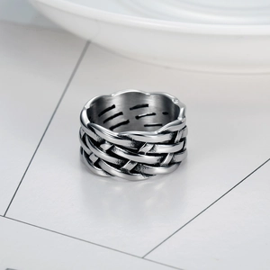 Unisex stainless steel wide ring featuring intricate woven texture and vintage finish