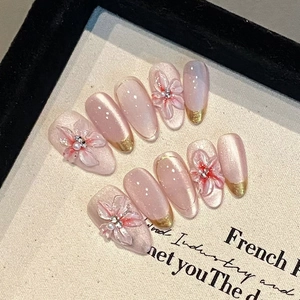 Press On Nails Almond Shape Pink Cat Eye 3D Carved Flower Rhinestone Artificial Pearl Gold French Tip Elegant DIY Manicure