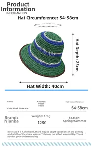 Size guide for colorful handmade straw bucket hat with detailed dimensions and specs