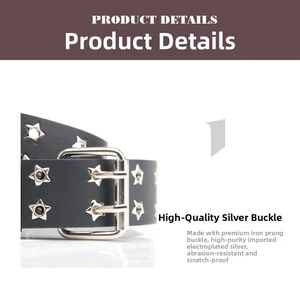 Detail of silver star metal rivets and polished iron buckle on a black punk style belt