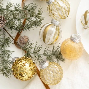 Set of 6 gold and transparent 6cm Christmas ornaments with glitter and textures for tree decor