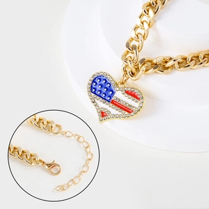 Adjustable golden pet collar with heart-shaped USA flag pendant and rhinestone details