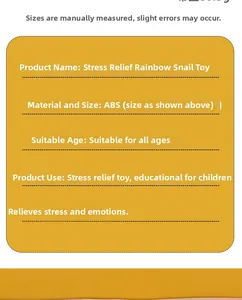 Detail specifications of colorful ABS slug fidget toy showing material and age features
