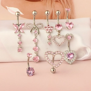 Piercing de nombril en acier avec papillon rose et cœur serti de zircons brillants