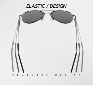 Detail view showing the elastic design and flexible metal frame of aviator sunglasses