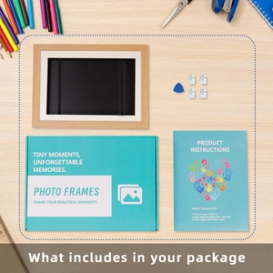 Detail view of front-opening kids art frame set with packaging box and mounting accessories