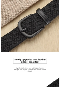 Close-up of black braided belt with wax leather edging and matte metal buckle