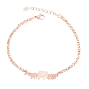 Detailed view of rose gold elephant pendants and adjustable chain of the steel bracelet