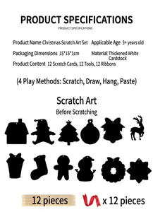 Christmas scratch art set with 12 cards, wooden styluses and ribbons for DIY holiday crafts