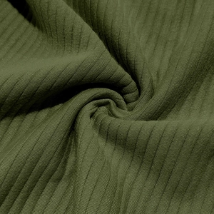 Close-up of olive green ribbed knit fabric texture showing vertical patterns and drape
