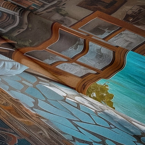 Detailed macro shot of vintage scenery tapestry fabric with smooth satin texture