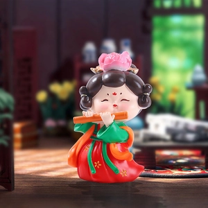 Traditional Tang Dynasty lady figurine holding flute with green and red ancient costume