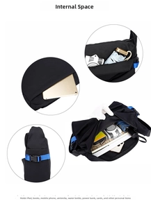 Detailed view of black messenger bag internal compartments with iPad and daily essentials