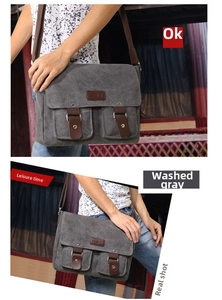Detail view of washed grey canvas messenger bag with retro leather buckles and front pockets