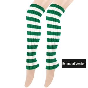 Detail of green and white striped ribbed knit leg warmers in an extended version style