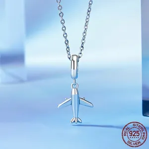 Mini S925 sterling silver airplane pendant necklace with polished finish for women