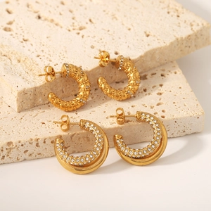 Women Stainless Steel C-Shaped Hoop Earrings 18K Gold Plated Twisted Texture Double Circle Rhinestone Inlaid Luxury Jewelry