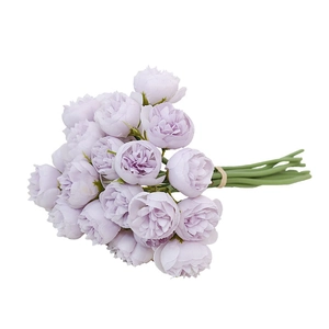 Artificial light purple tea rose bouquet with fifteen detailed flower heads on white background