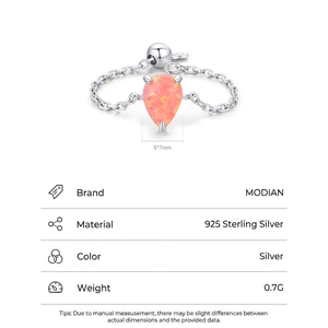 Adjustable S925 sterling silver chain ring with teardrop pink orange opal gemstone