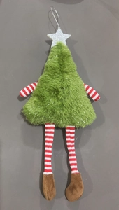 Detail of Christmas tree plush pendant with striped long legs and silver glitter star
