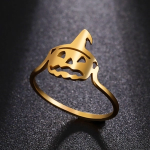 Polished gold stainless steel Halloween pumpkin ring with hollowed-out face design