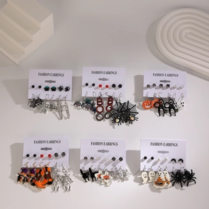 Halloween earring set with pumpkin, ghost, bat and spider patterns in 6-grid layout