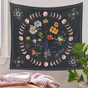 Detail of moon phase and floral tapestry with botanical illustrations on a dark gray base