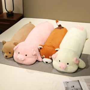 Long Animal Body Pillow Plush Toy Rose Velvet Soft Stuffed Pig Bear Rabbit Raccoon Removable Washable Cover Home Decor