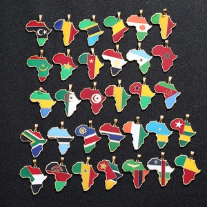 Detailed close-up of Africa map pendants featuring various national flags in gold finish