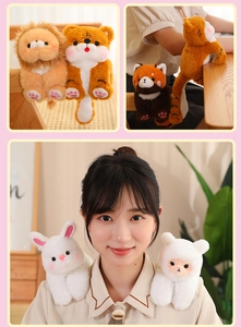 Cute plush animal slap bracelets showing lion tiger and rabbit styles on shoulder and chair