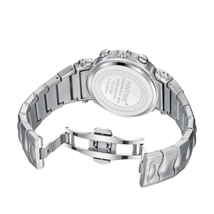 Back view of silver Y2K stainless steel watch with engraved logo and butterfly clasp