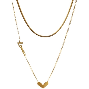 Golden double-layered titanium steel necklace with love heart pendant and snake chain