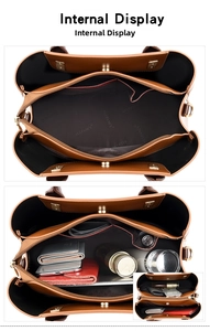 Internal display of the brown handbag showing large capacity and multi-layer compartments